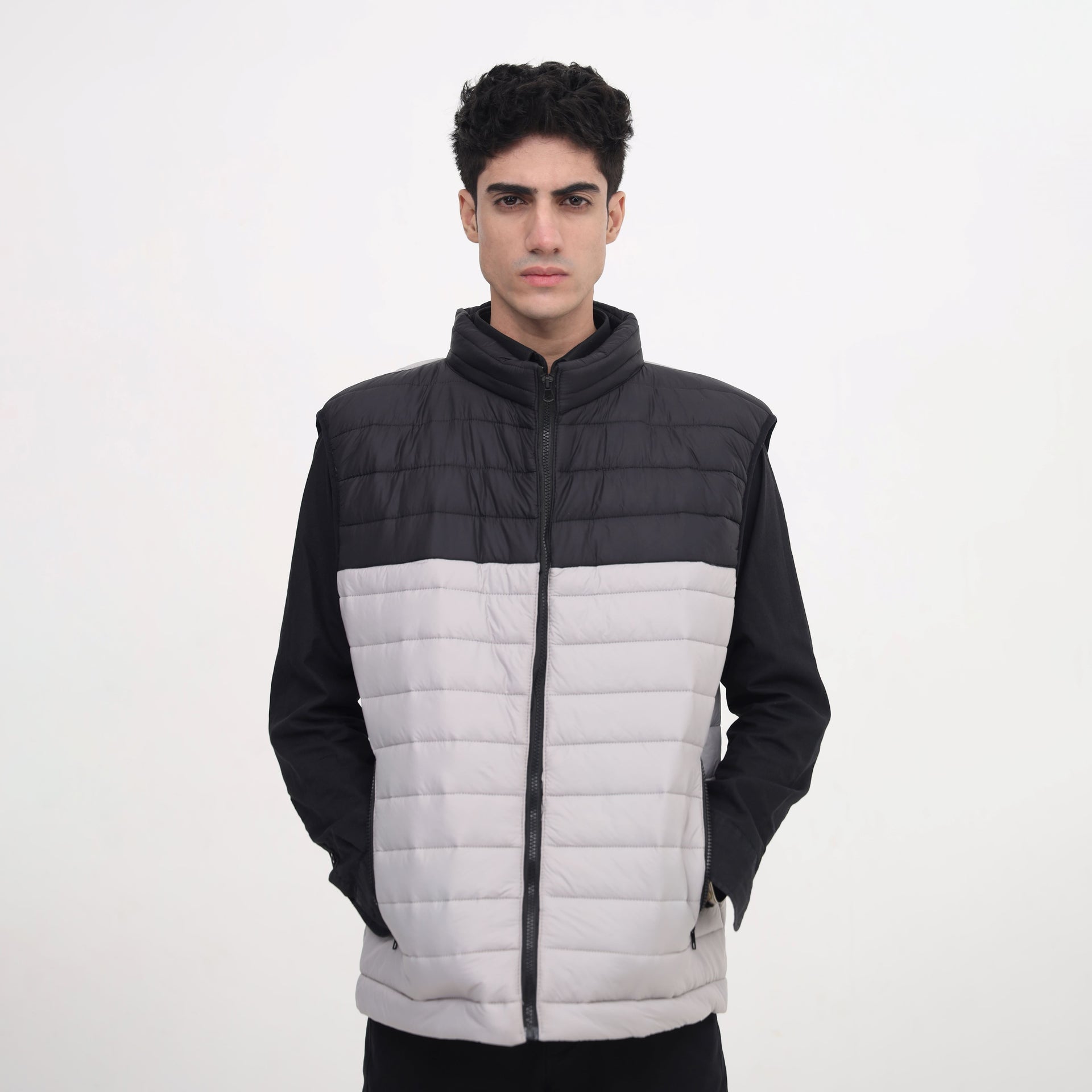 FrostSplit Sleeveless Puffer – Black Upper, Gray Lower Design