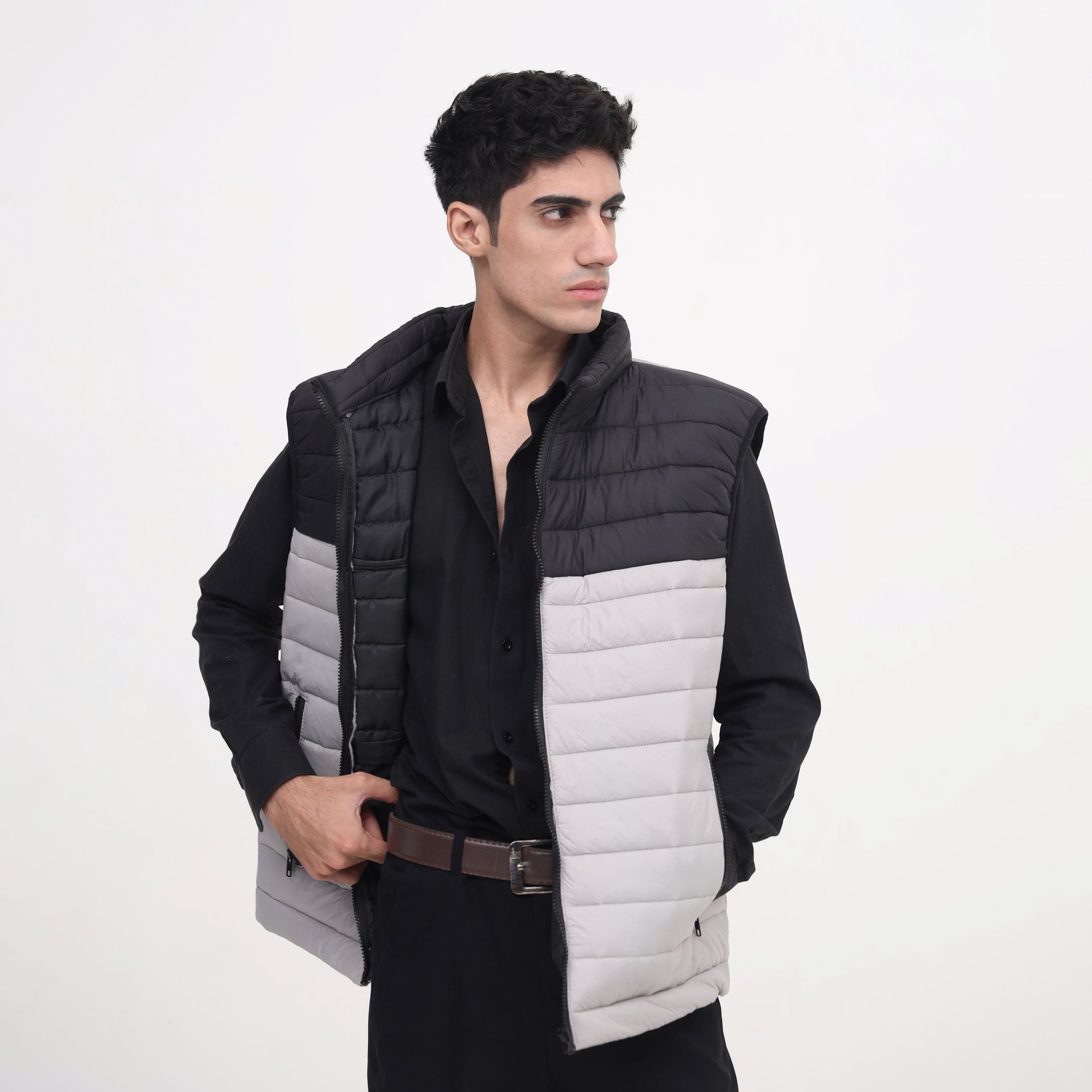FrostSplit Sleeveless Puffer – Black Upper, Gray Lower Design