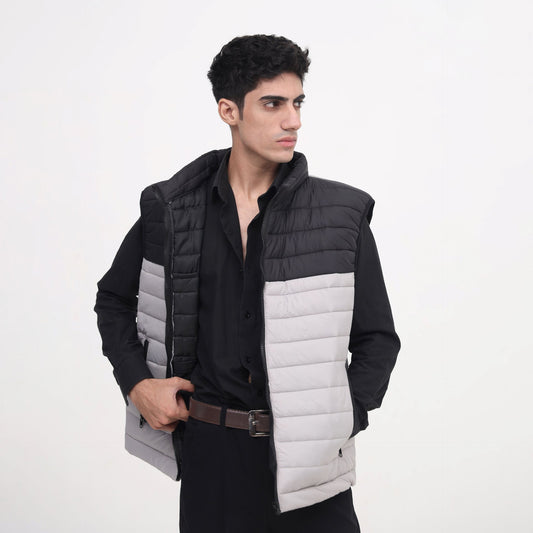 FrostSplit Sleeveless Puffer – Black Upper, Gray Lower Design