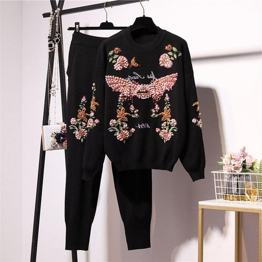 Pearl-Embellished Two-Piece Knitted Tracksuit - Maves Apparel