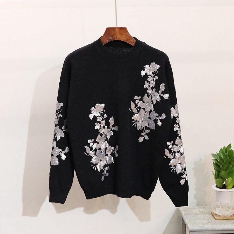 Women's Sequin Flowers Sweater Set - Maves Apparel