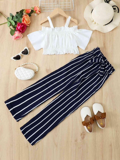 Frill Trim Cropped Top and Striped Pants Set - Maves Apparel