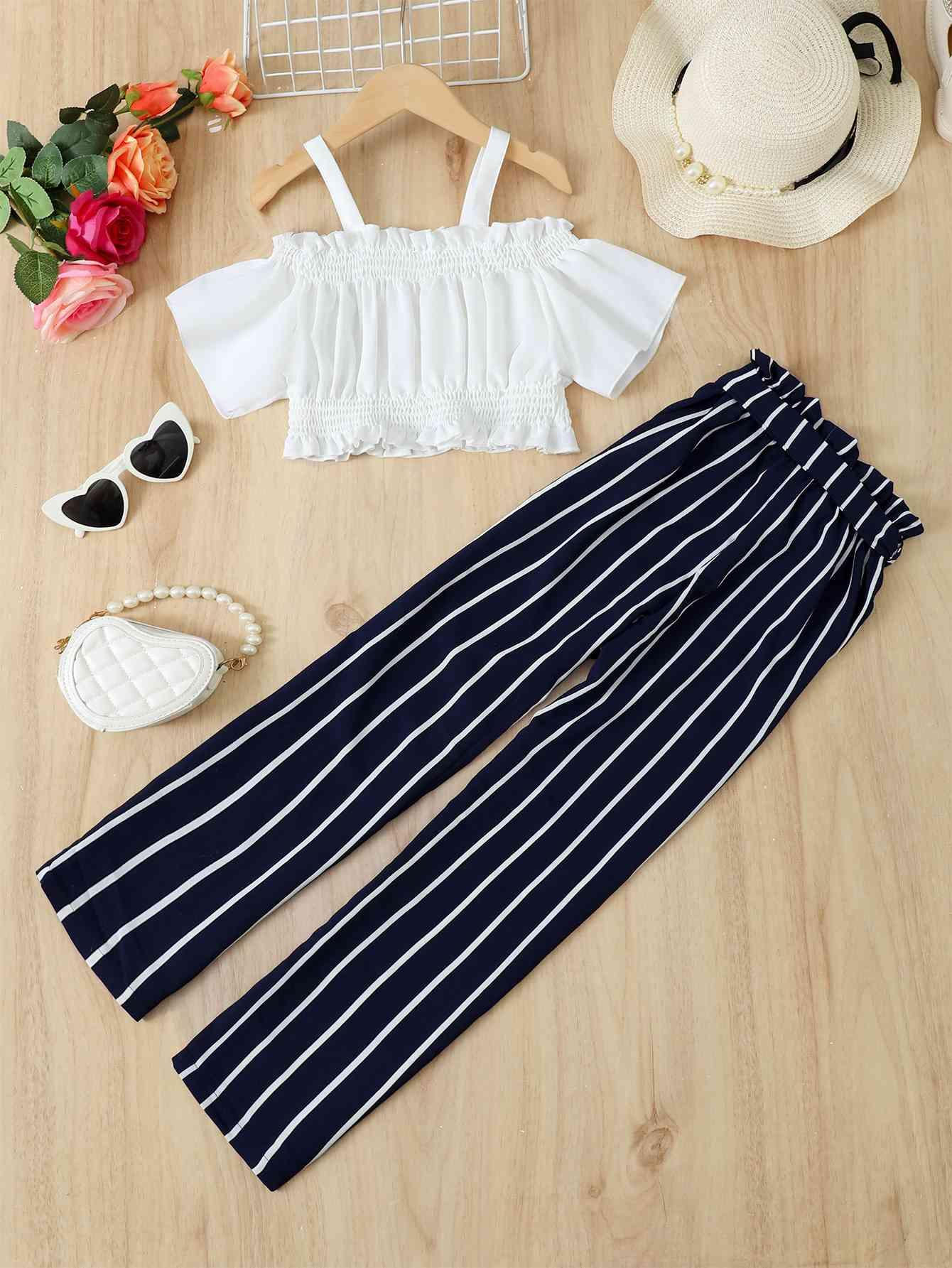 Frill Trim Cropped Top and Striped Pants Set - Maves Apparel