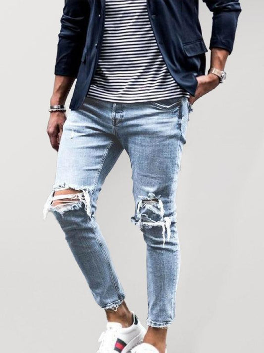 Men's solid casual ripped pencil jeans - Maves Apparel